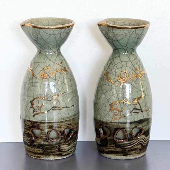 Vintage Sake Pitchers & 6 Cups Japan Somaware Somayaki Crackle Gold Horse Hearts - Picture 2 of 16